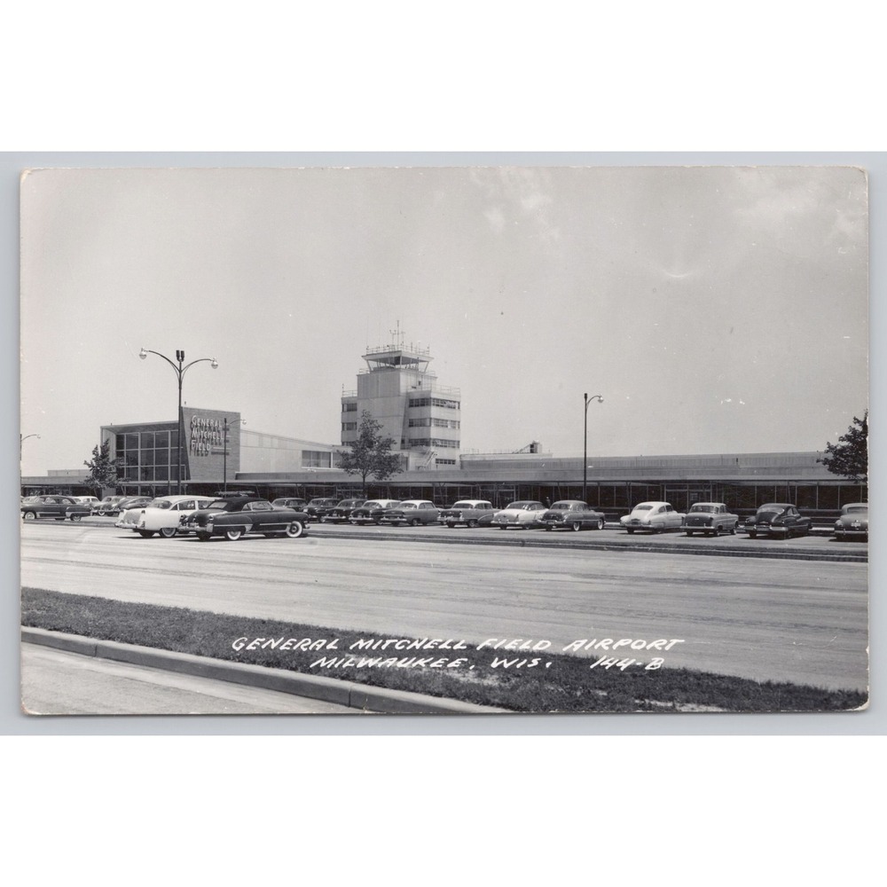 Vintage Milwaukee WI Postcard 1956 Real Photo Gen. Mitchell Field Airport Cars